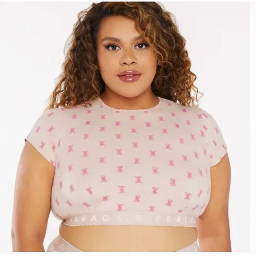Savage x Fenty Missy Scallop Logo Crop Top Pink Ash Size M Sleepwear Pajama